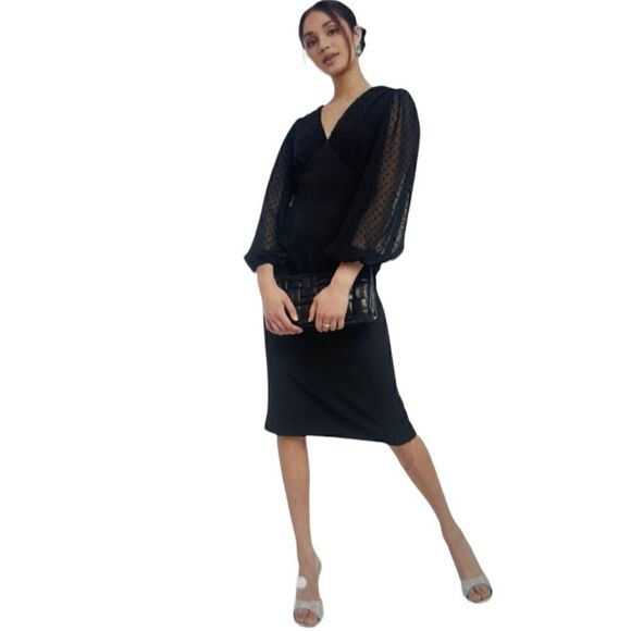 ASOS DESIGN V-Neck Midi Pencil Dress with Textured Sleeves - Size 4 - Picture 2 of 7